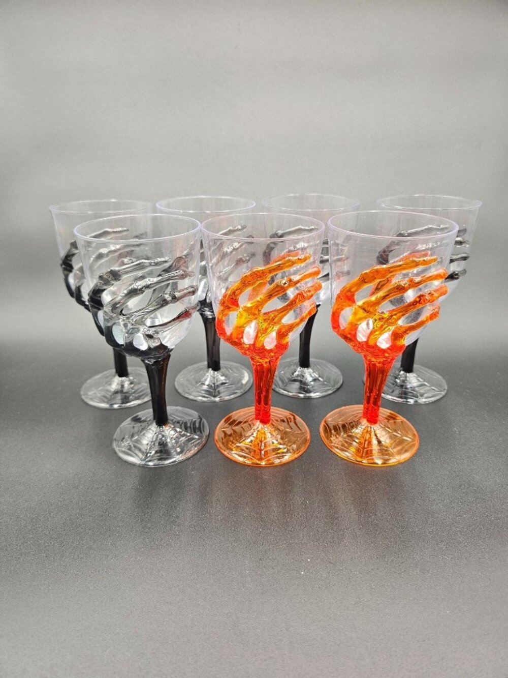 Halloween Skeleton Hand Plastic Goblets 7 Black/Orange Web Base Creepy Decor